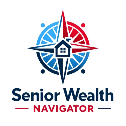 A vibrant logo for Senior Wealth Navigator featuring a compass or path symbolizing guidance and direction in financial decisions with colors in red, white, and blue.