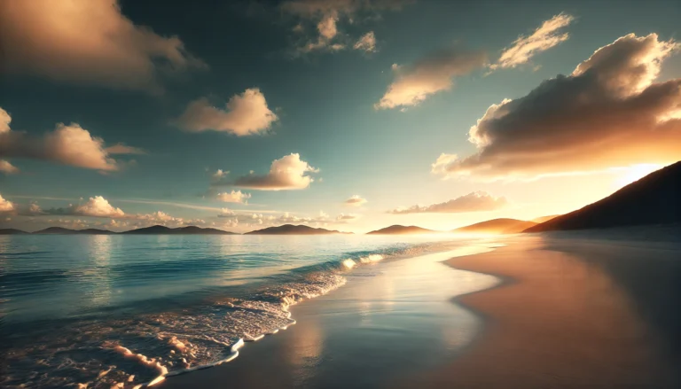 A-serene-beach-scene-with-calm-waves-gently-lapping-at-the-shore-a-clear-blue-sky-with-a-few-fluffy-clouds-and-a-distant-view-of-hills-on-the-horizo.webp